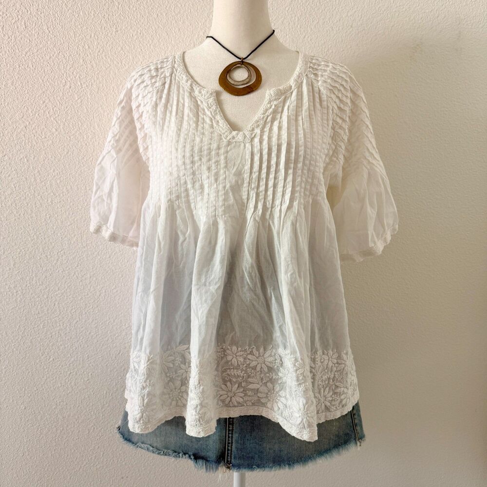 Ivory Boho Peasant Embroidered Short Sleeve Blouse Romantic Cottage Core Size M